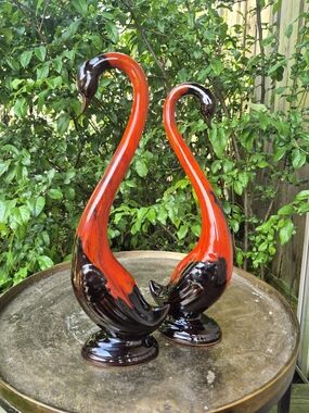 Vintage Pair Of Canuck Pottery Flame Red Drip Glaze Long Neck Geese Figurines